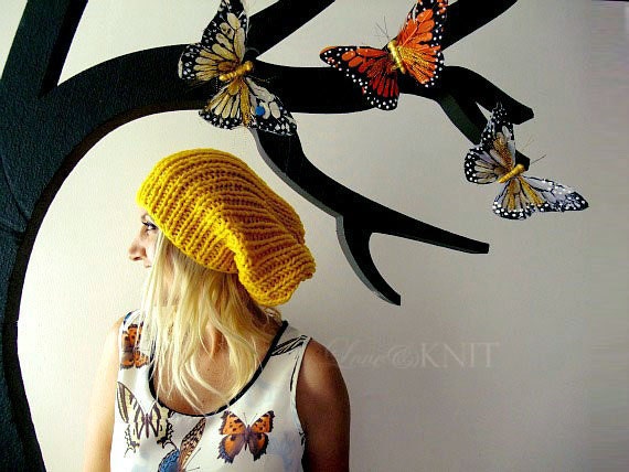 Hand Knit Yellow Slouchy Hat