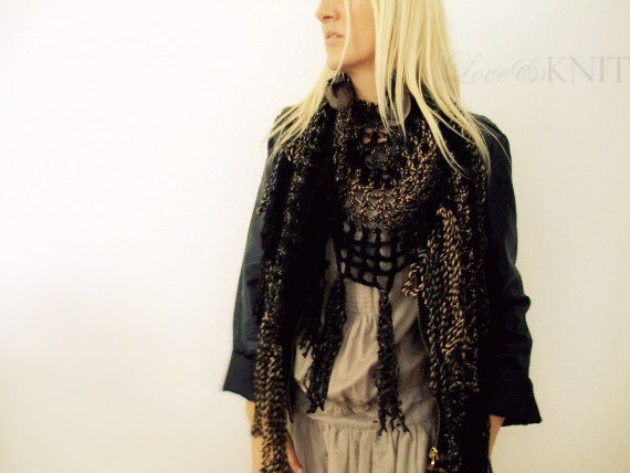 Varigated Beige Black Fishnet Shawl