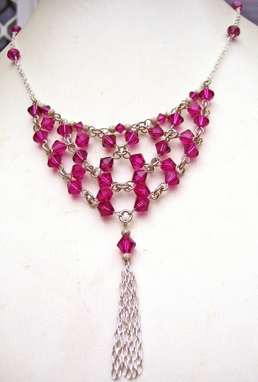 Fuschia Crystal and Silver Diamond Necklace
