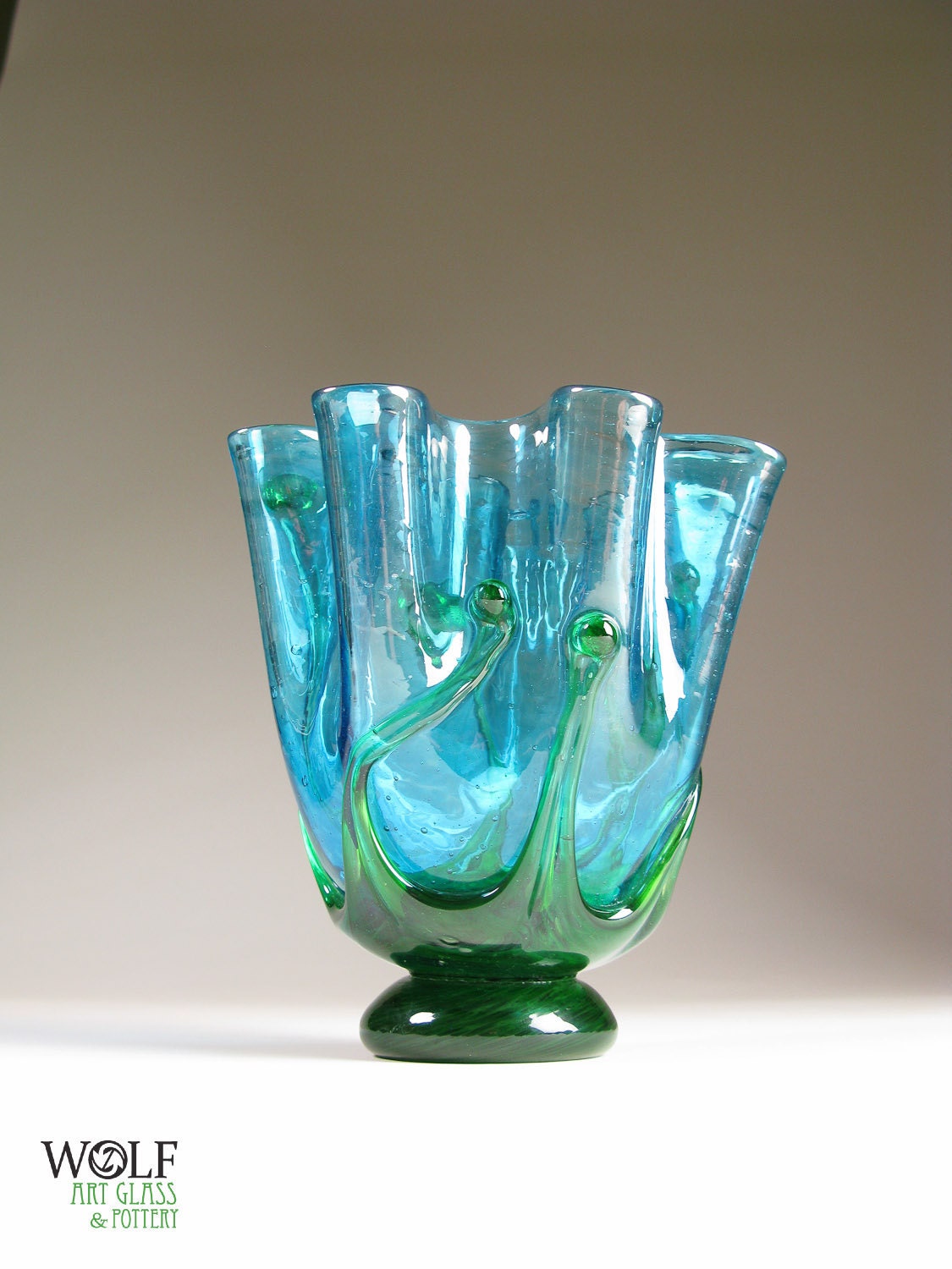 Blown Glass Vase Light Sapphire Blue Fluted Sepal Flower Vase