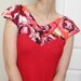 Red & Floral Blouse w Sweetheart Detail and Cowl Neck, Sleeveless, Block Color, Bias Cut Top, Loose Fit, Floral Print, Cap Sleeve.