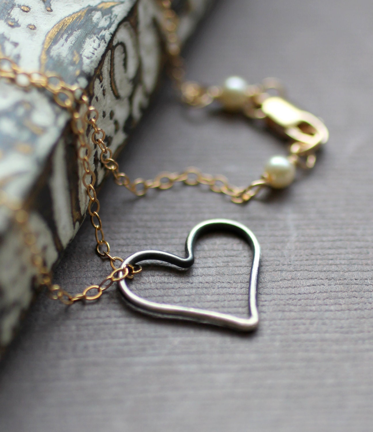 Eternity Necklace, Heart Sterling Silver Pendant Necklace on 14k Gold Fill Chain - Darkened Metal - Two Toned - Mixed Metal - Oxidized