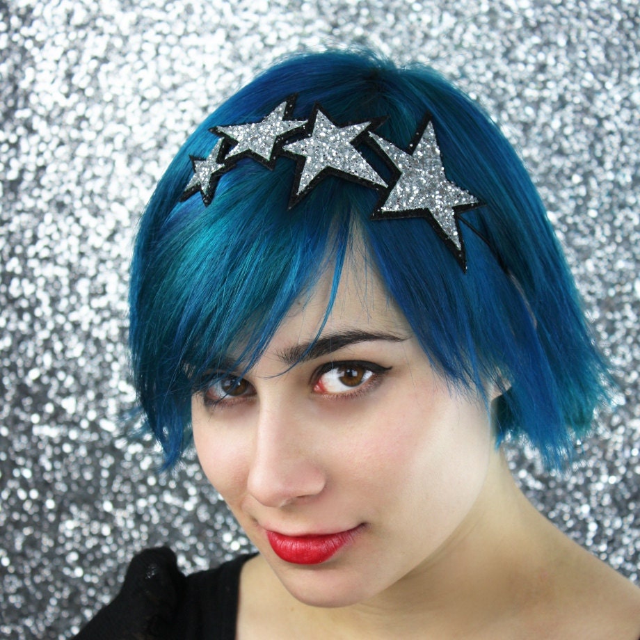 Silver Stars Headband, Glitter, Silver and Black