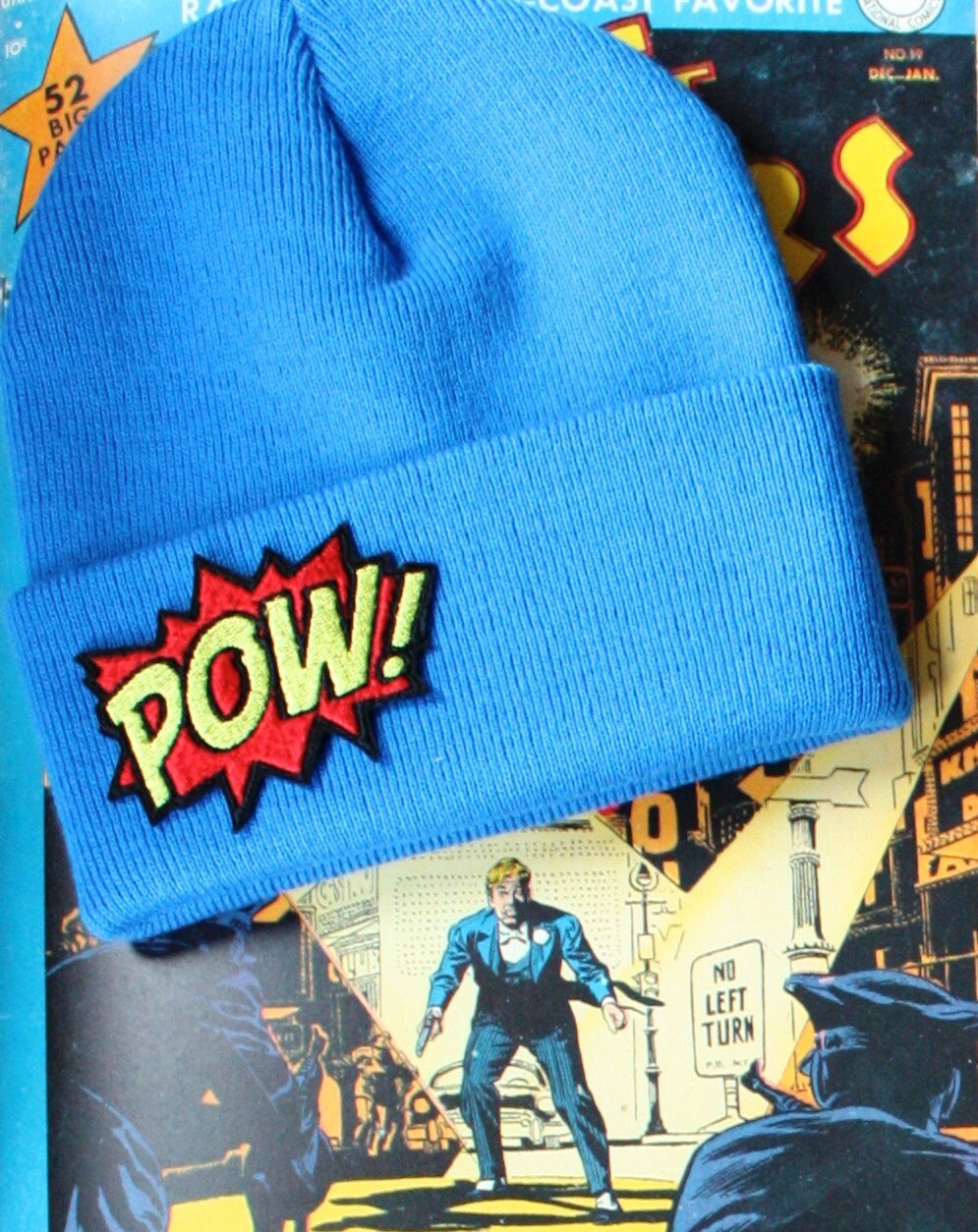 Blue Beanie Cap, POW, Comic Book Hat, Blue