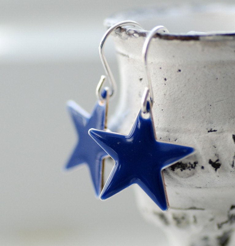 Earrings, Navy Blue Enameled Stars and Sterling Silver