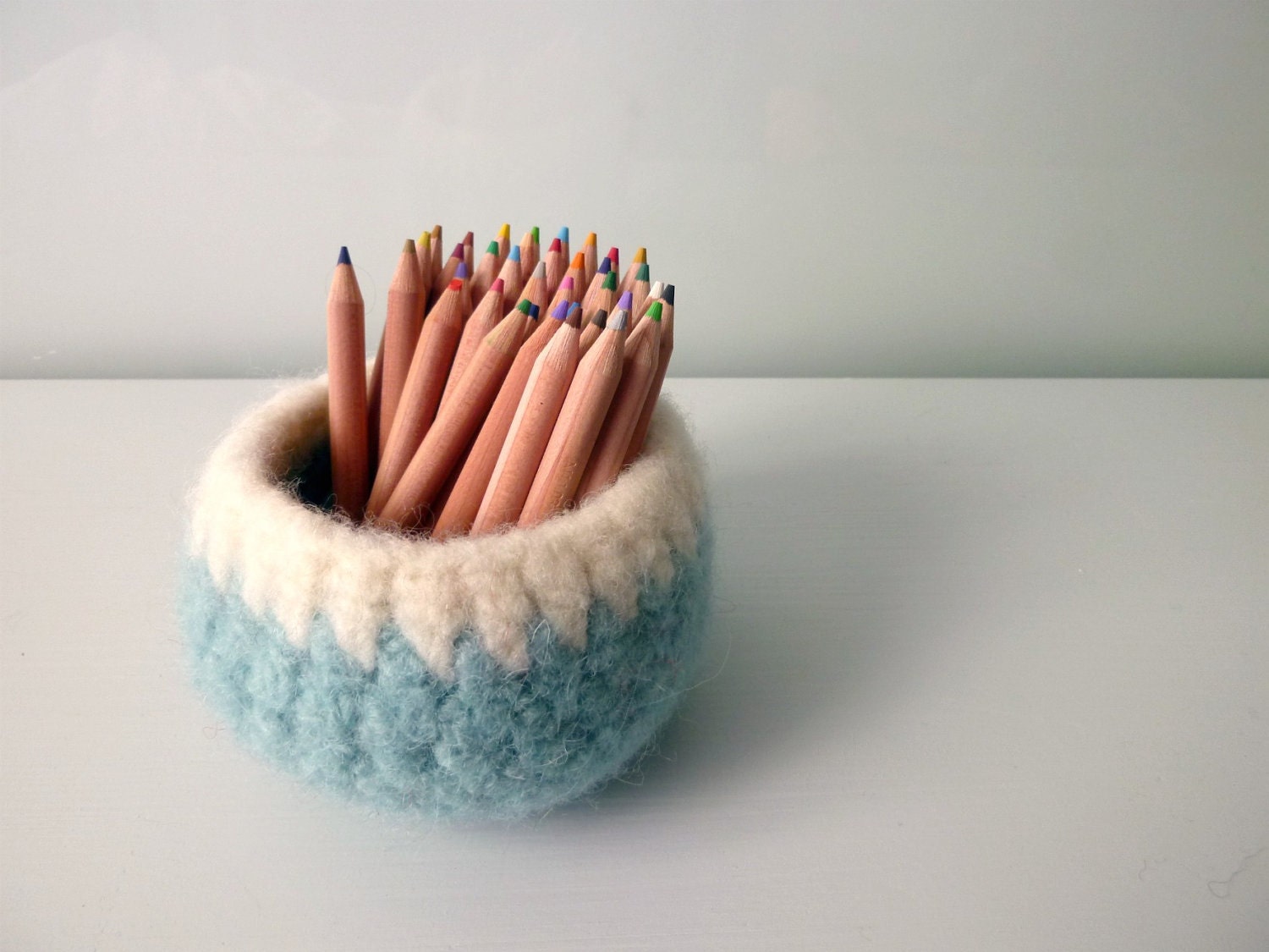 Felted Wool Bowl Aqua Blue and White - Valentine's Day Gift, Baby Boy Gift, Home Decor or Desk Organizer