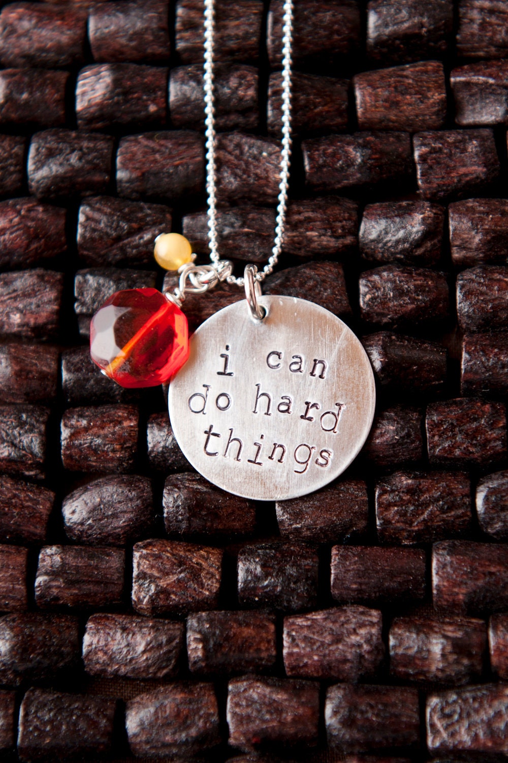 Hand Stamped Sterling Silver I Can Do Hard Things Necklace with Tangerine Glass and Butterscotch Amber