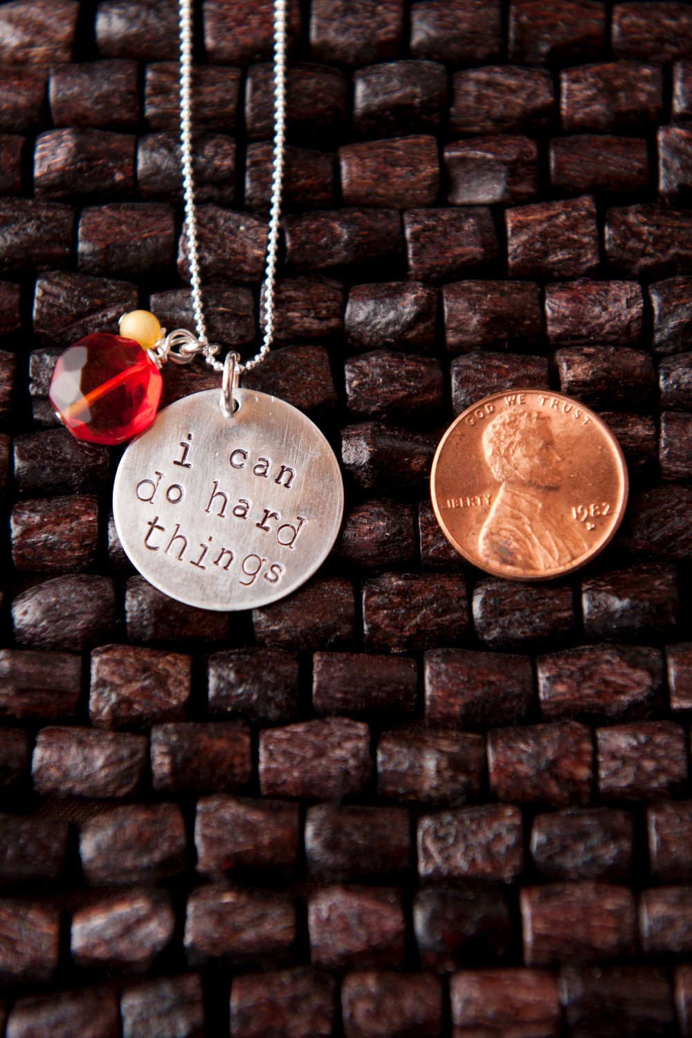 Hand Stamped Sterling Silver I Can Do Hard Things Necklace with Tangerine Glass and Butterscotch Amber