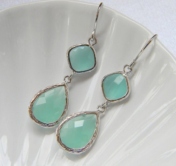 Bohemian Earrings - White Gold Bridesmaid Earrings - Aqua - Czech Glass - Bridesmaid Gift