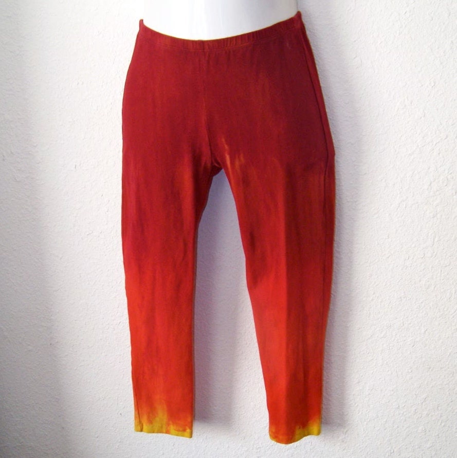 Hand Dyed, Red, Orange and Yellow Ombre Capri Leggings, small