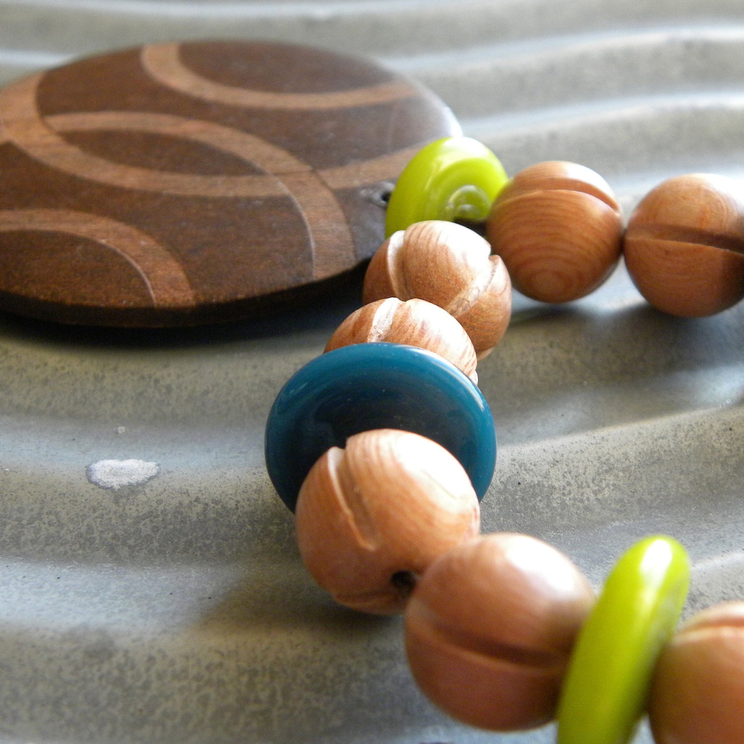 Chunky Beaded Wood Pendant Necklace, dark teal, chartreuse green, brown