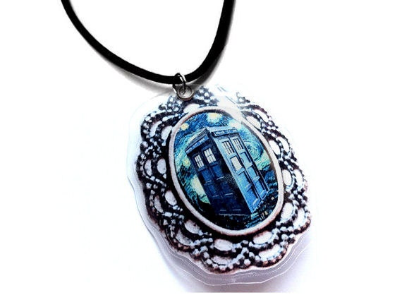 Doctor Who Inspired TARDIS Necklace, Van Gogh Starry Night Filigree Pendant with Blue Police Box