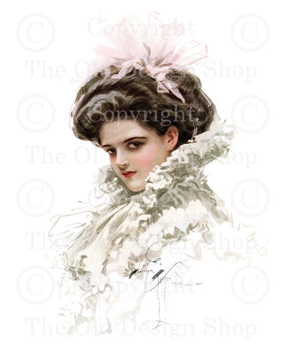 Harrison Fisher Girl Vintage Image Victorian Lady White Dress Pink Bow Digital Download for Scrapbooking Card Making Altered Art Mixed Media