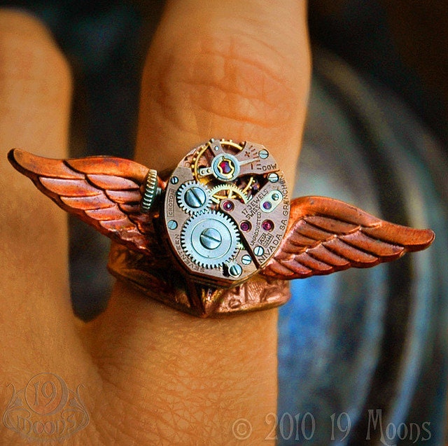 FIREBIRD Steampunk Ring by 19 Moons- Rare Rose Gold Watch Movement on Vintage Brass Phoenix Paratrooper Bird wings- Gorgeous Unisex Piece