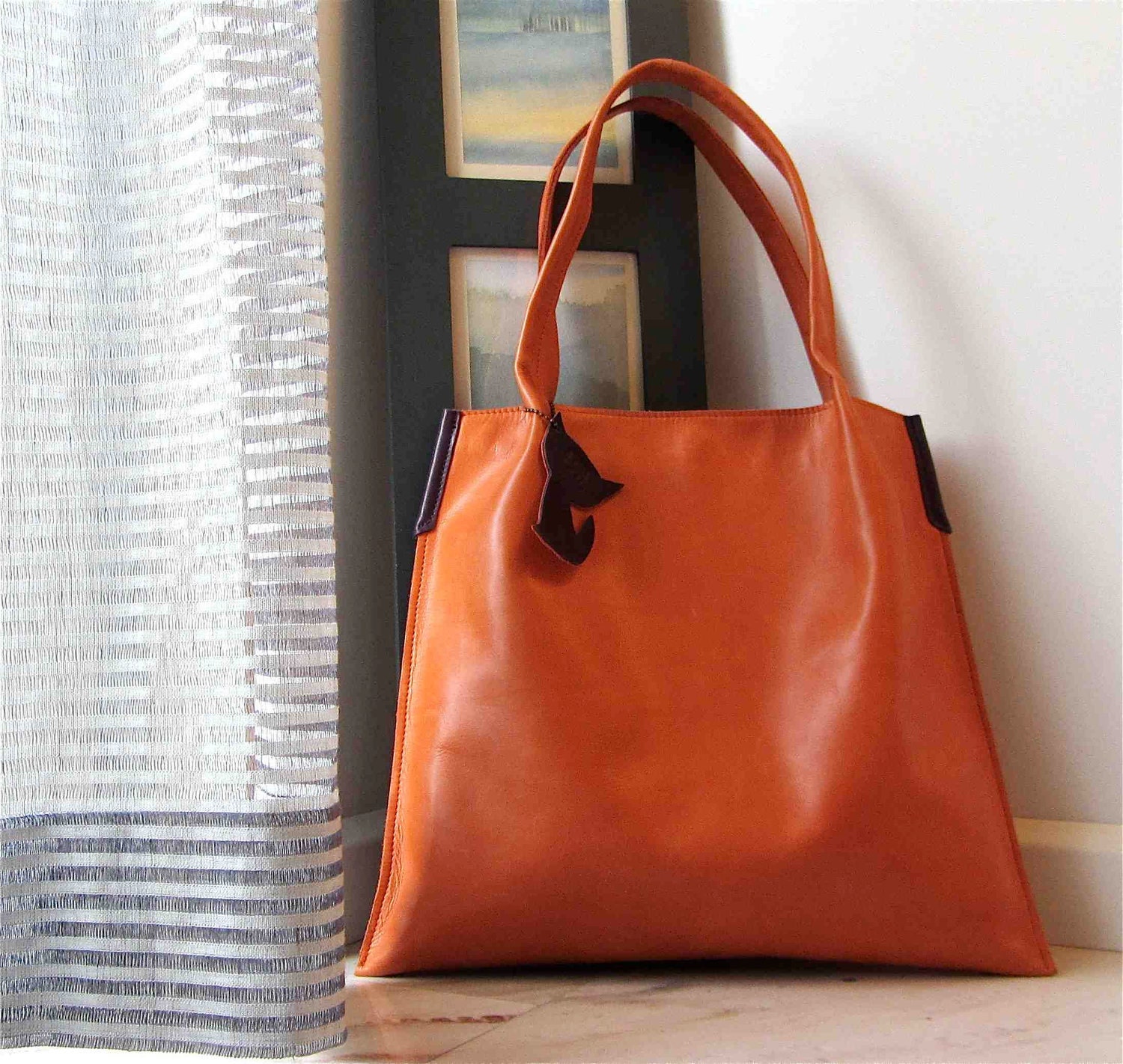 Leather Tote / medium shopper in orange and a eggplant suede lining