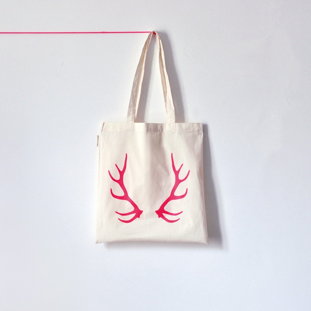 Oh Deer neon pink / Deer Antlers / Organic cotton tote bag / Screen printed