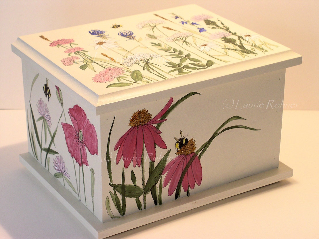 Painted Furniture Contemporary Painted Keepsake Box Wood with detailed Flowers Illustration