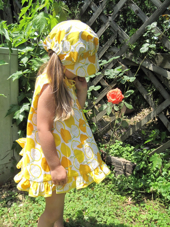 Groovy Mellow Yellow 1970's RETRO Pinafore Bubble Romper Bonnet SET - Size 6 Months - 4 Years