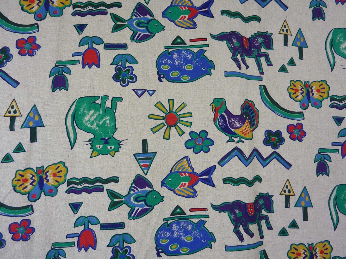 Vintage Early 1980s John Kaldor Nolvety Print Fabric Abstract Cats Horses Fish and Butterflys 57" width x 104" drop