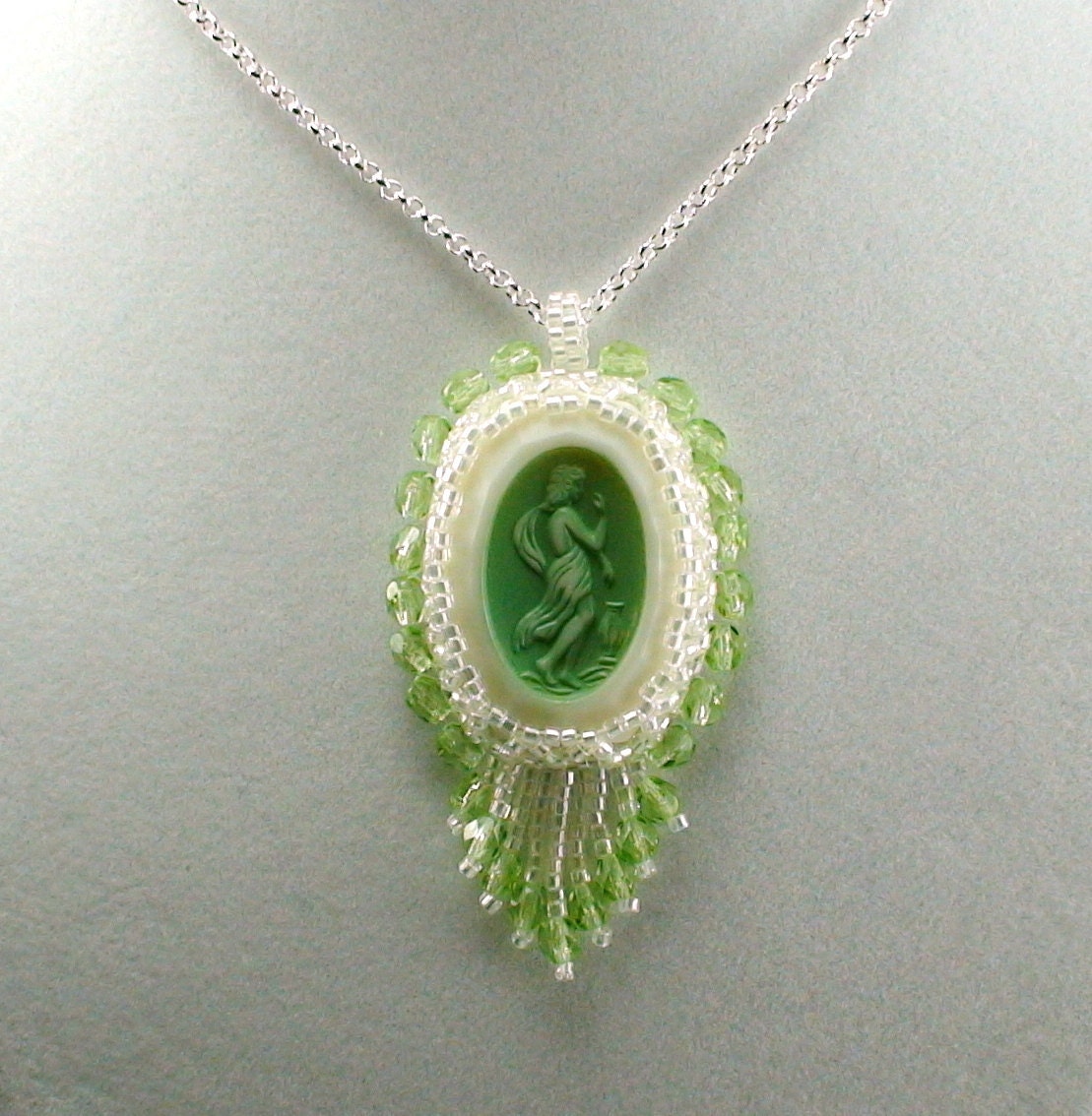 The Goddess of Spring - Art Nouveau Lush ivory and green Cameo Fringe Beadwork Necklace