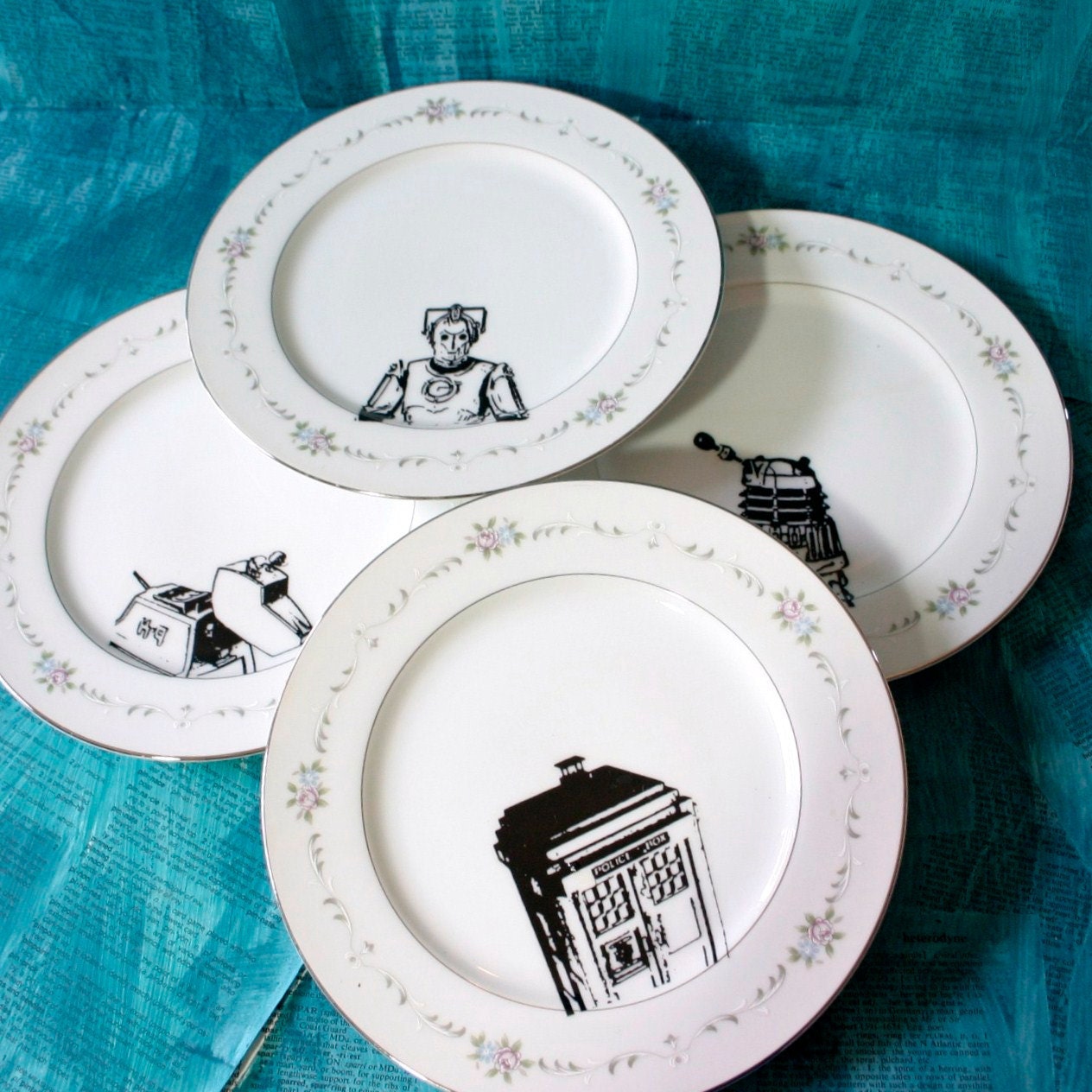 Winslow Dr Who Themed Altered Vintage Plates Set of Four
