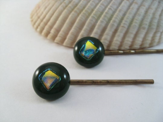 Decorative Glass Bobby Pins - Deep Green Dichroic Hair Accessory