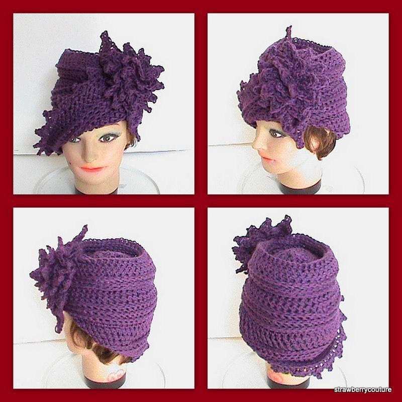 Womens Crochet Hat - Crochet Cloche Hat - Cotton Hat in Mulberry Purple with Crochet Flower - Spring Accessories Spring Fashion - Custom Hat