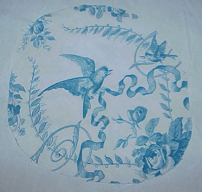 ALL 5 PIECES Antique French Fabric Blue Bird Toile 19th century