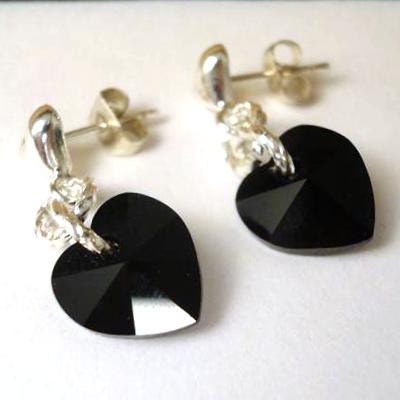 Black Crystal Heart Earrings - Sterling Silver Posts - Swarovski Jet Matte Black Noir Crystal Heart Earrings