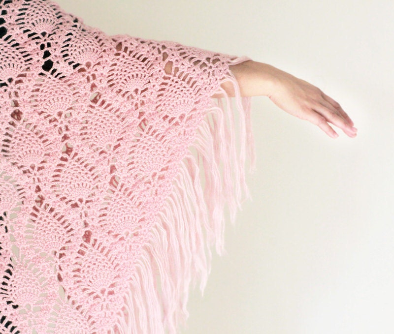 SALE - Reduced - Pink Crochet Shawl - Handmade, Triangle, with Fringles - Ready to ship