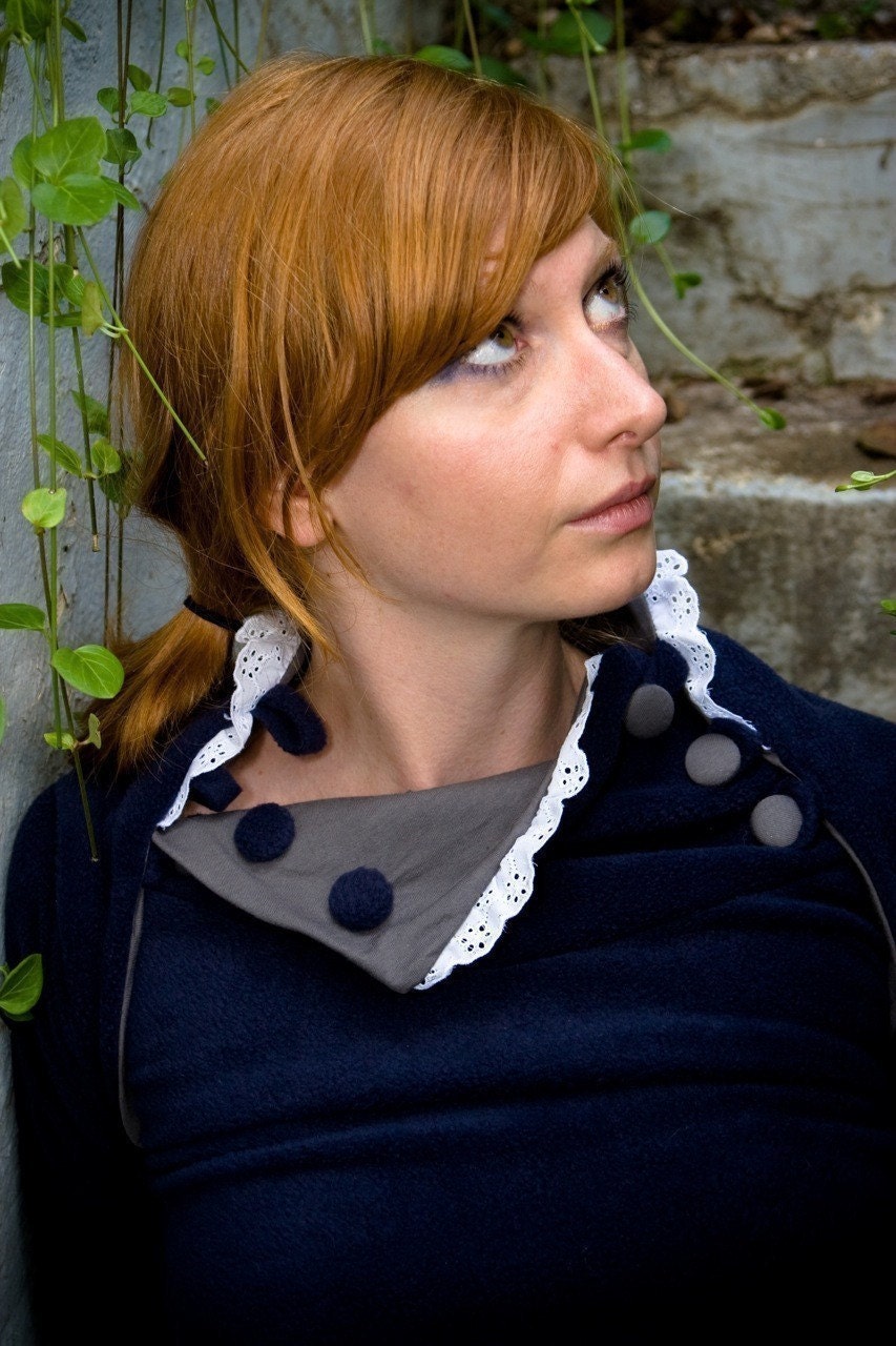 Sassy sweater in navy fleece--adjustable buttoned collar and eyelet trim