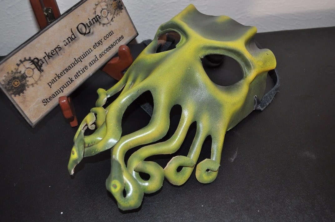 Leather Cthulhu mask. Bright Greens by Parkers and Quinn.Wearible Art, Display, Labyrinth Mardi Gras day of the dead,fetish LARP