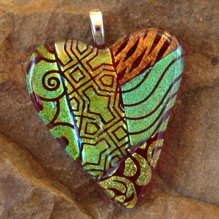Valentine Jewelry Patchwork Dichroic Glass Heart Pendant Garnet Red