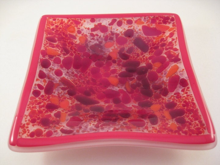 Square Fused Glass Dish Red Explosion