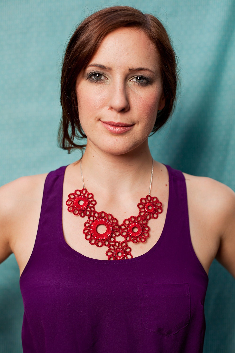 Maroon Sunbreak Tatted Bib Necklace - Crimson and Silver - Huang Nan