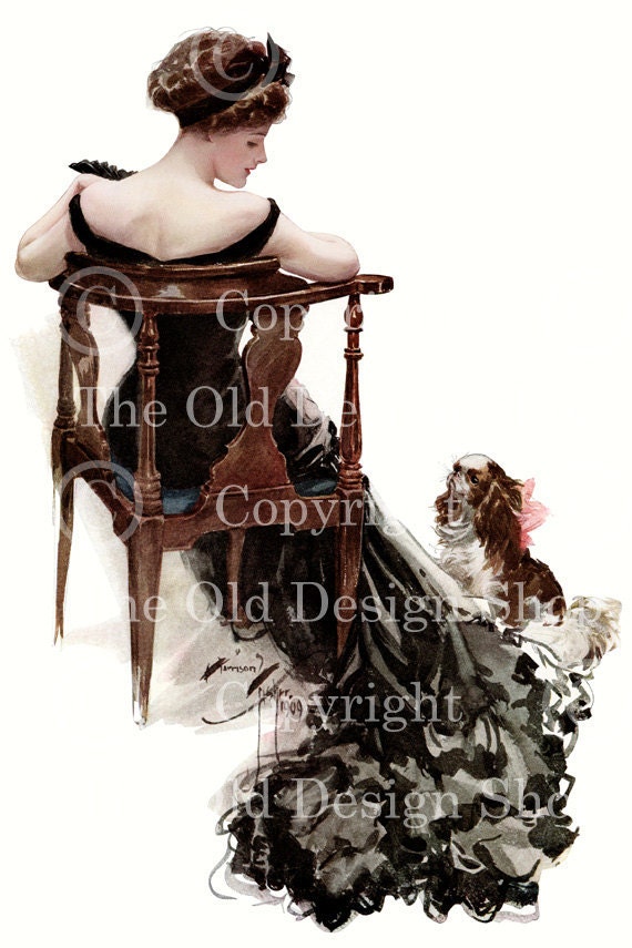 Harrison Fisher Girl Vintage Image Lady in Black Dress Dog in Pink Bow Digital Download for Scrapbooking Cardmaking Altered Art Mixed Media