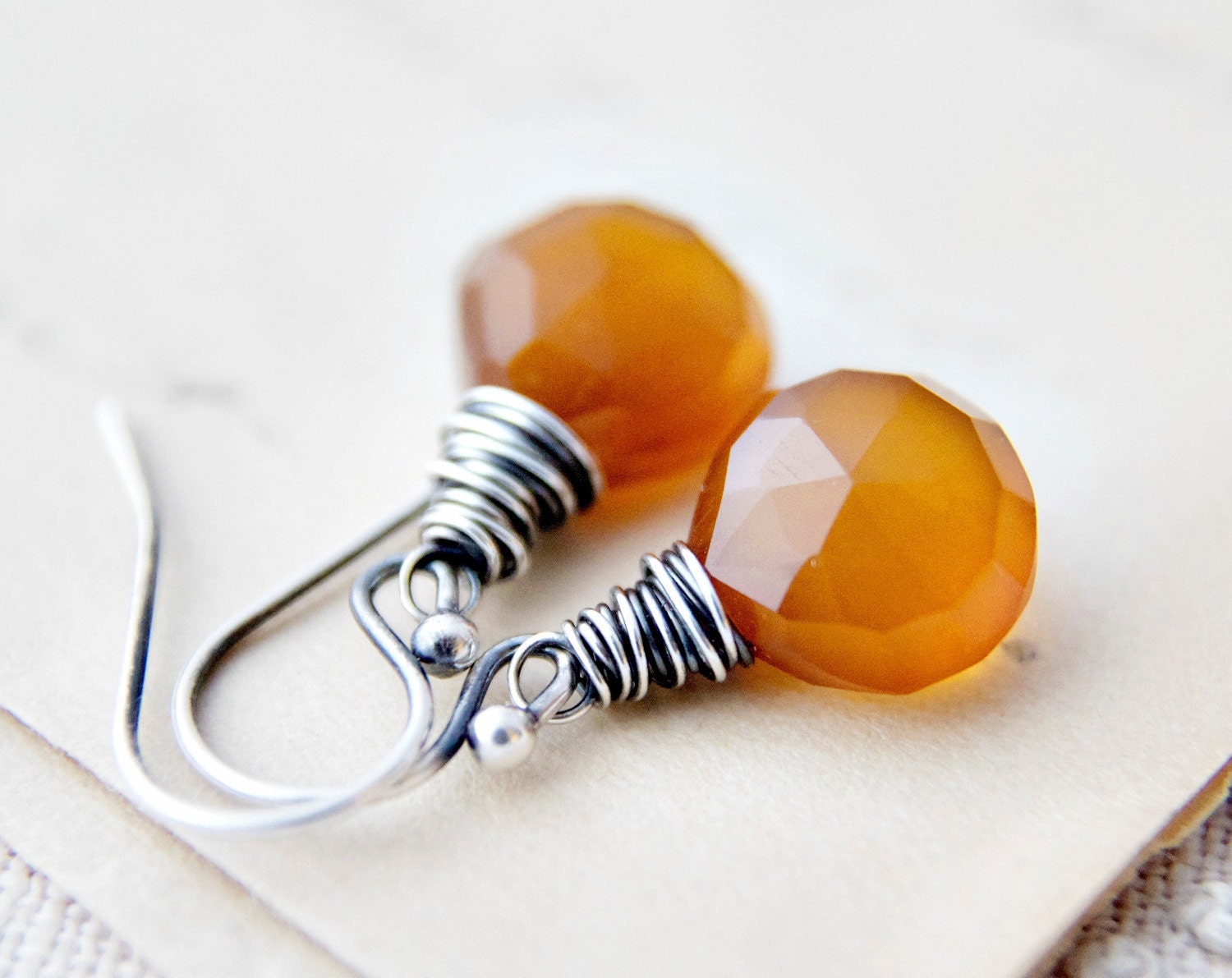Butterscotch Earrings Wire Wrapped Sterling Silver Golden Butter Dangle Orange Fashion