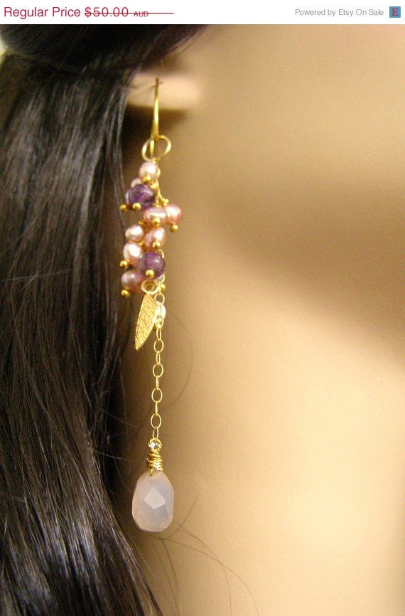 20% Off Sale Amethyst Pearl Chalcedony Sexy Gold Drop Earrings - (Olympia)