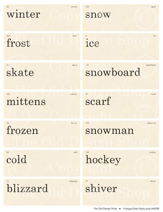WINTER Vintage Style Flashcard Words Skate Snow Ice Hockey Cold Blizzard Mittens for Altered Art Mixed Media Printable Digital Collage Sheet