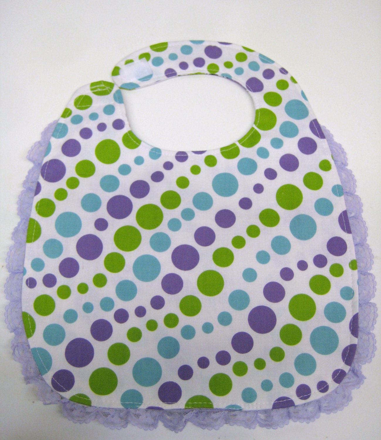 Girl Baby Bib - Spring Flowers and Polka Dots with Lace.  Purple, Green and Blue. Reversible.