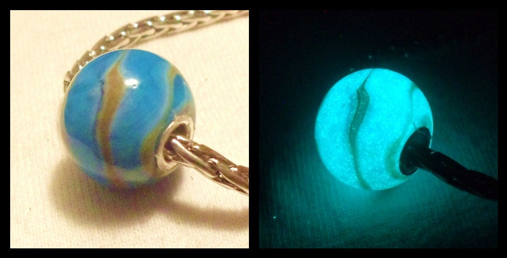 Glow in the Dark Glass "Aquamarine and Silvered Ivory" Lampwork Big Hole Bead, fits Pandora and all European Style Charm Chains