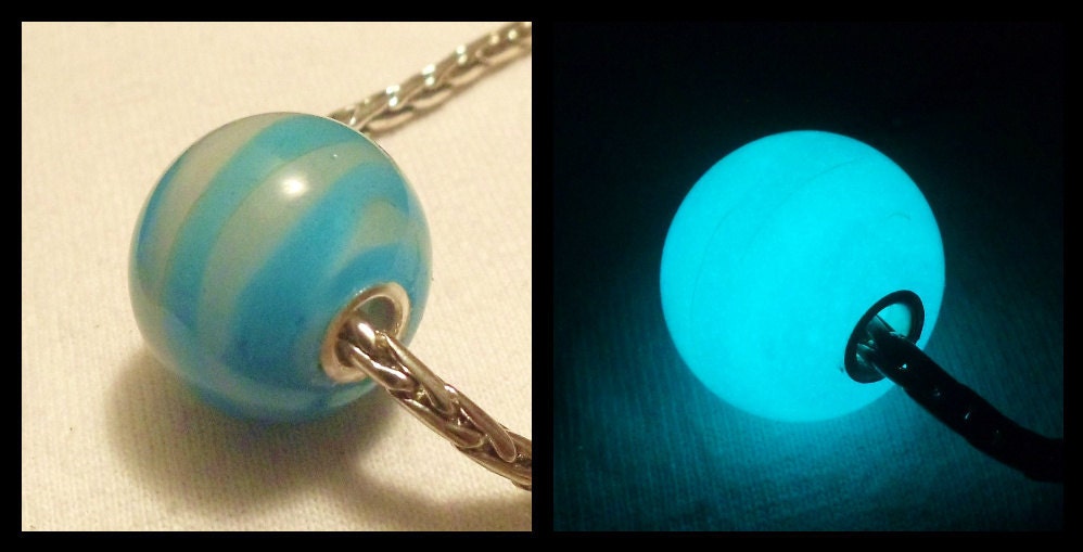 Glow in the Dark Glass "Aquamarine and Moonstone" Lampwork Big Hole Bead, fits Pandora and all European Style Charm Chains