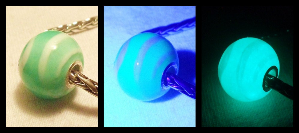 Glow in the Dark Glass "Alien Green & White" Lampwork Big Hole Bead, fits Pandora and all European Style Charm Chains