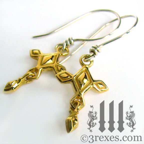 Mini Renaissance Cross Earrings, Gold Charms, Designer Sterling Silver