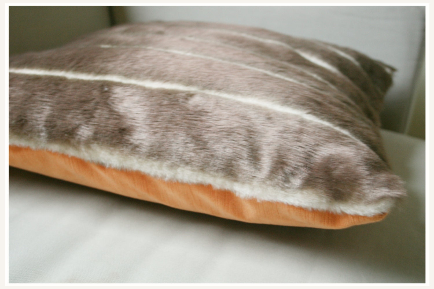 Striped Faux Fur / Honey Orange Velvet Pillow