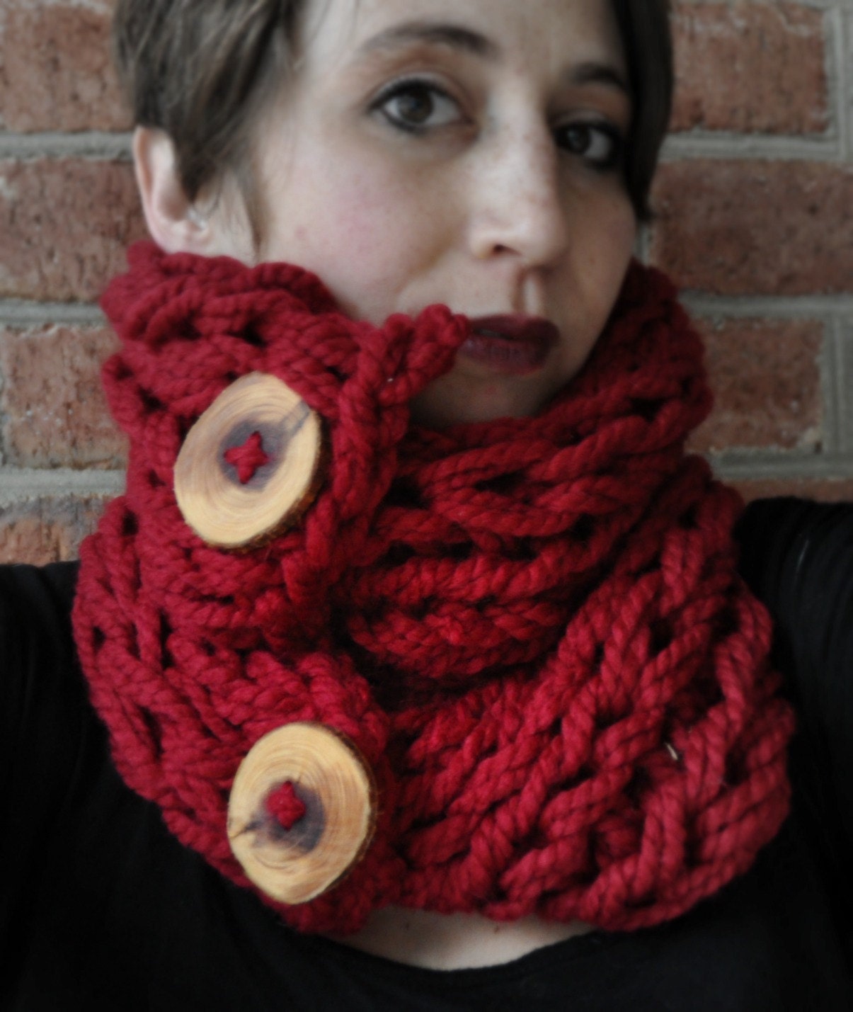 Cranberry Cowl with Cedar branch buttons
