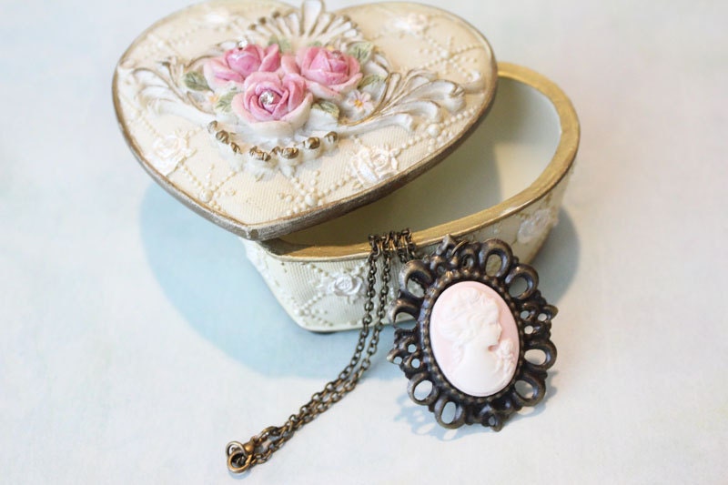 Sale - Soft in Pink - Handmade Vintage Inspired Retro Pink & White Pastel Lady Cameo Charm Victorian Supply Brass Pendant Necklace