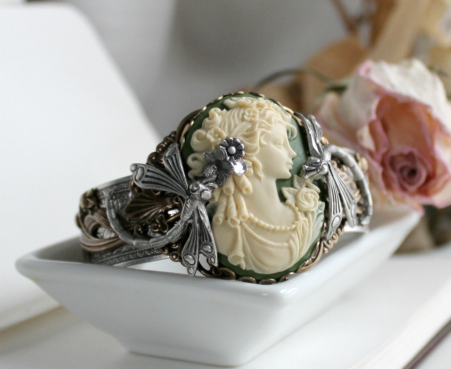 FREE SHIPPING o Lily Aged Silver, Brass and Swarovski Cameo Cuff - Green - Silver - Bronze - Victorian - Spring - Dragonfly - Romantic