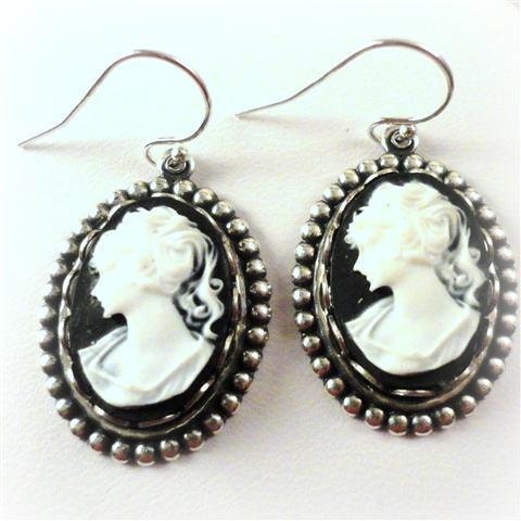 Victorian Cameo Earrings White on Jet Black Oval Lady Portrait Cameo Edwardian Style Jewelry