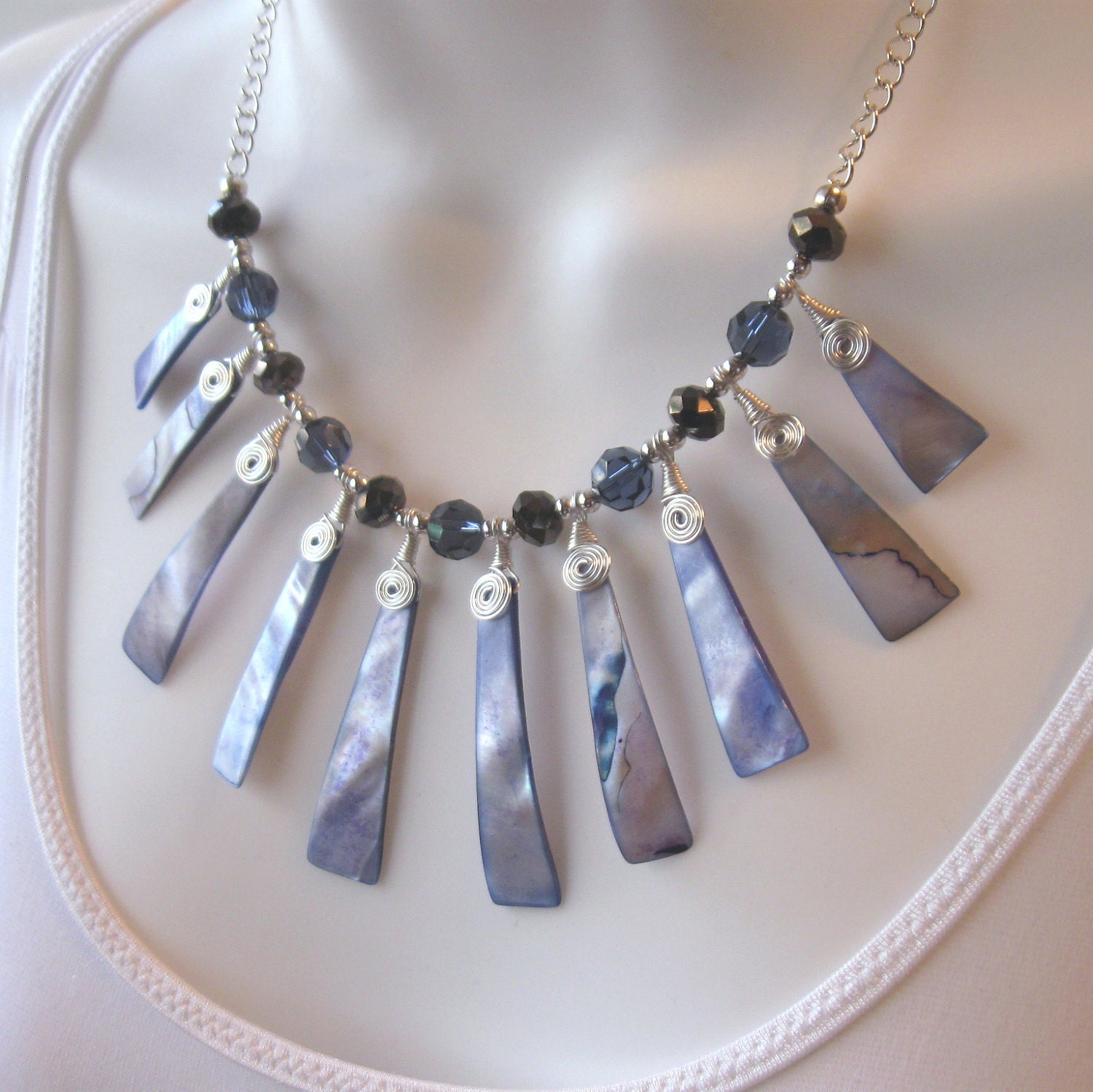 Blue Shell Bib Necklace - Wire Wrapped - Graduated Paddle Shells - Blue and Brown Polished Glass Beads